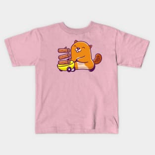 Cute Beaver With Cart And Wood Cartoon Kids T-Shirt